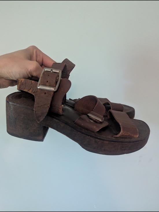 Shoes - Women’s Brown Leather Platform Sandals with Buckle